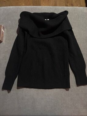 Theory Black Ribbed Off-Shoulder Sweater